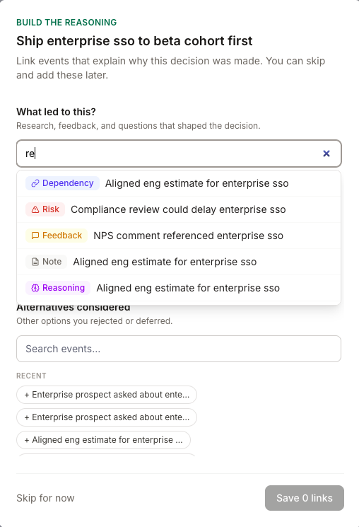 Decision linking view connecting research, feedback, and alternatives to a decision