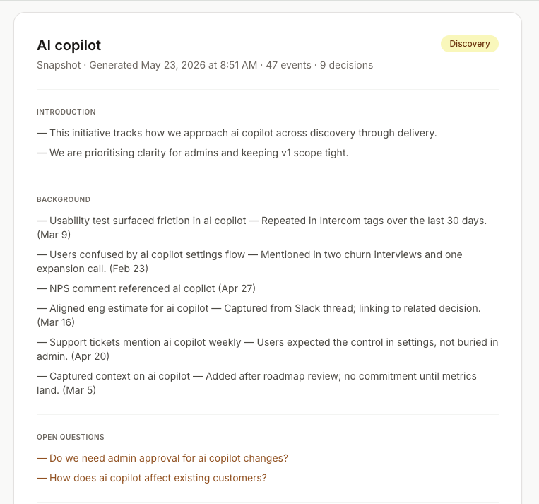 Generated initiative snapshot with introduction, background, and open questions